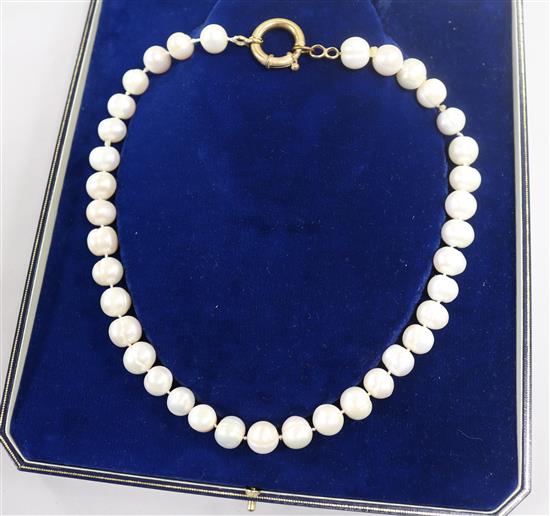 A single strand cultured baroque pearl necklace with 9ct gold clasp, 48cm.